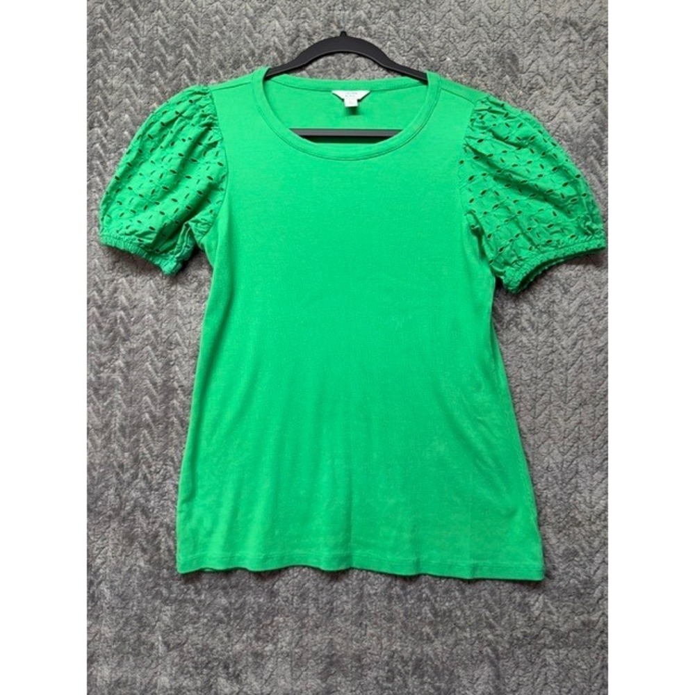 Crown & Ivy Green Ribbed Eyelet Puff Sleeve Top Large RN31104 0724